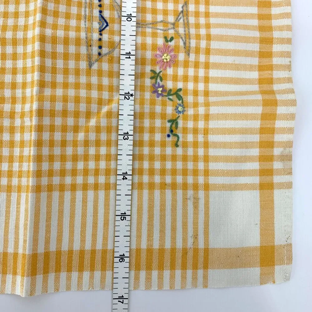 Vintage Gold Gingham Kitchen Towel Hand Embroidered Drinks and Floral Flowers